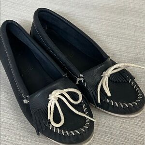 Navy Leather Loafers with White Accents Size 8